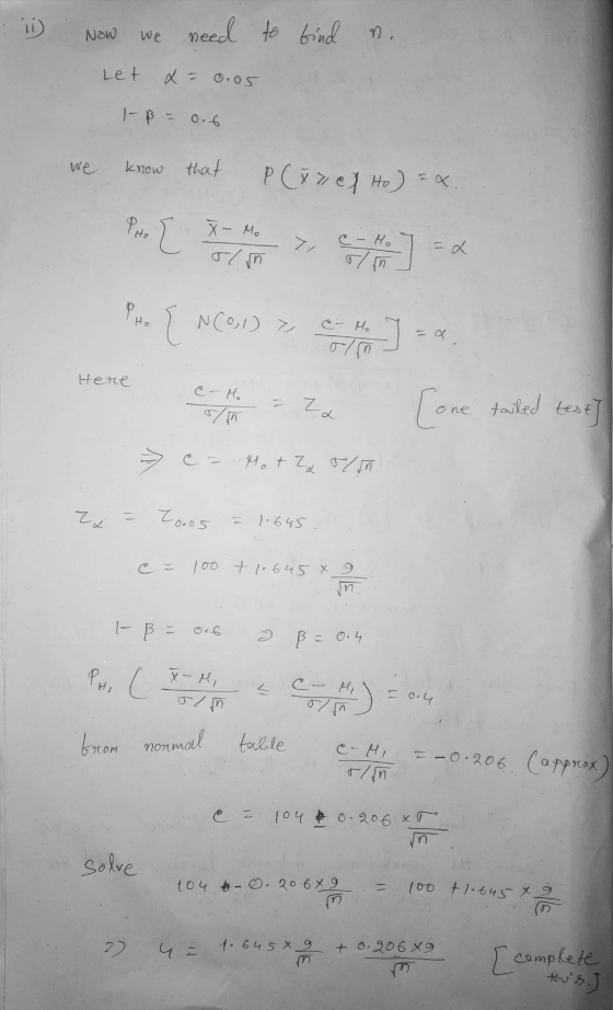 NOW we need to find n. Let x = 0.05 I- ß = Orf we know that P (xref Ho) = x PHO X - Me Tl in 7 e- Ho r/in PHO (ره )N T e - Ho