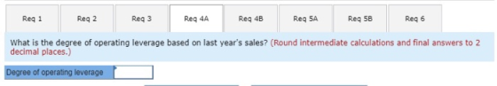 Req 4A Req 4B Req SA Req 1 Req 2 Req 3 Req 5B Req 6 What is the degree of operating leverage based on last years sales? (Rou