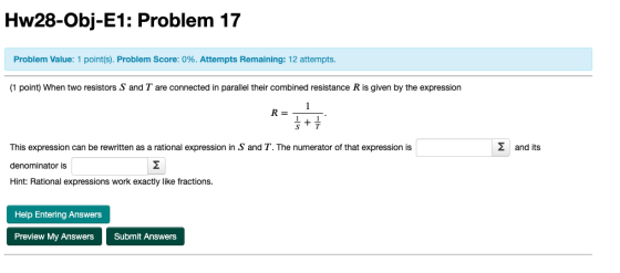 Hw28-Obj-E1: Problem 17 Problem Value: 1 point(s). Problem Score: 0%. Attempts Remaining: 12 attempts (1 point) When two resi
