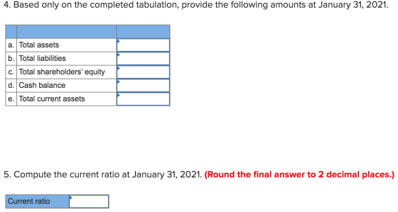 4. Based only on the completed tabulation, provide the following amounts at January 31, 2021. a. Total assets b. Total liabil