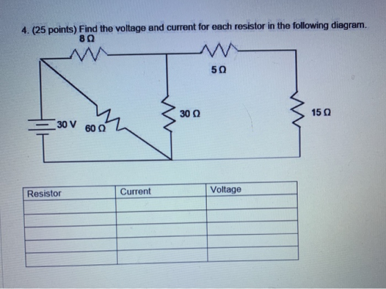 4. (25 points) Find the voltage and current for each resistor in the following diagram. 80 50 302 150 30 V 60 Resistor Curren