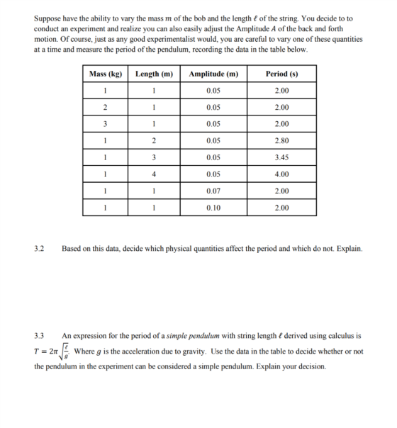 Suppose have the ability to vary the mass m of the bob and the length ? of the string. You decide to to conduct an experiment and realize you can also easily adjust the Amplitude A of the back and forth motion. Of course, just as any good experimentalist would, you are careful to vary one of these quantities at a time and measure the period of the pendulum, recording the data in the table below Mass (kg)Length (m)Amplitude (m) 0.05 0.05 0.05 0.05 0.05 0.05 0.07 0.10 Period (s) 2.00 2.00 2.00 2.80 3.45 4.00 2.00 2.00 4 3.2 Based on this data, decide which physical quantities affect the period and which do not. Explain 3.3An expression for the period of a simple pendulum with string length ? derived using calculus is T = 2π. Where g is the acceleration due to gravity. Use the data in the table to decide whether or not the pendulum in the experiment can be considered a simple pendulum. Explain your decision