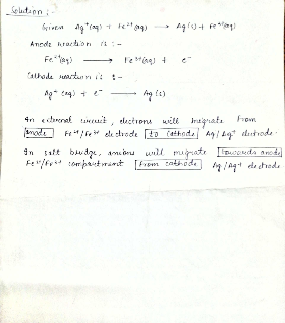 Ag(s) + festaq) Solution :- Given Agt (aq) + Fe 2+ (aq) — Anode reaction is :- Feztiaq) → Fe 3+ (aq) + Cathode reaction is :-
