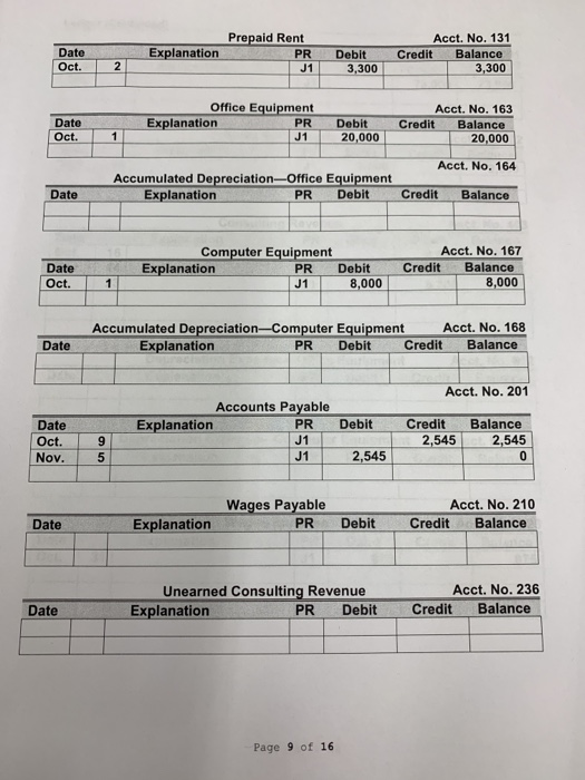 Explanation Date Oct. Prepaid Rent PR J1 Acct. No. 131 Credit Balance 3,300 Debit 3,300 2 Date Oct. Office Equipment Explanat