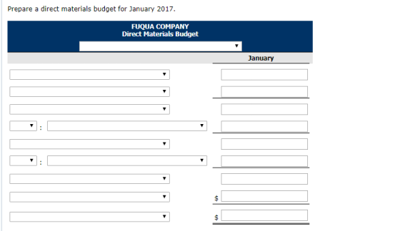 Prepare a direct materials budget for January 2017. FUQUA COMPANY Direct Materials Budget January