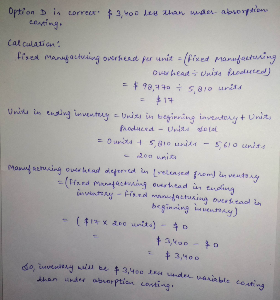 Option D is correct. $3,400 less than under absorption costing. calculation: fixed manufacturing overhead per unit = (fixed m