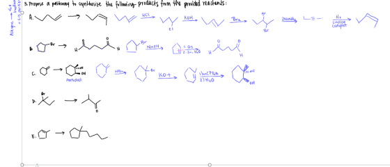 3. propose a pathway to synthesize the following products from the provided reactants: HCA Alkyne 2 - cis acker KOH Brz ☺ 2Na