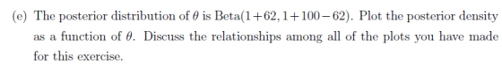 (e) The posterior distribution of 0 is Beta(1 +62,1+100-62). Plot the posterior density as a function of θ. Discuss the relationships among all of the plots you have made for this exercise.