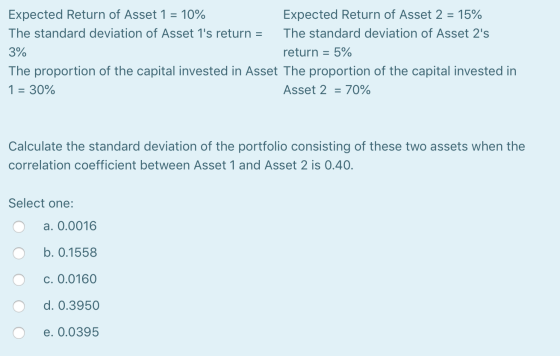 Expected Return of Asset 1 = 10% Expected Return of Asset 2 = 15% The standard deviation of Asset 1s return = The standard d