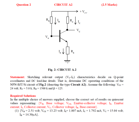 Question 2 CIRCUIT A2 (2.5 Marks) + Ver Rc Ic с IR Fig. 2: CIRCUIT A.2 Statement: Sketching relevant output (Vc-Ic) character