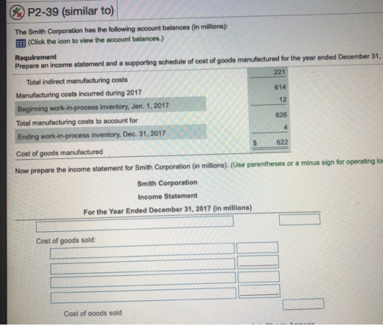 A P2-39 (similar to) The Smith Corporation has the following account balances (in millions): E (Click the icon to view the ac