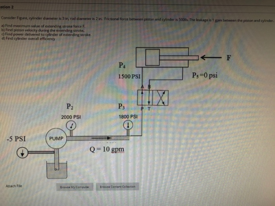 estion 2 Consider Figure, cylinder diameter is 3 in, rod diameter is 2 in. Frictional force between piston and cylinder is 50