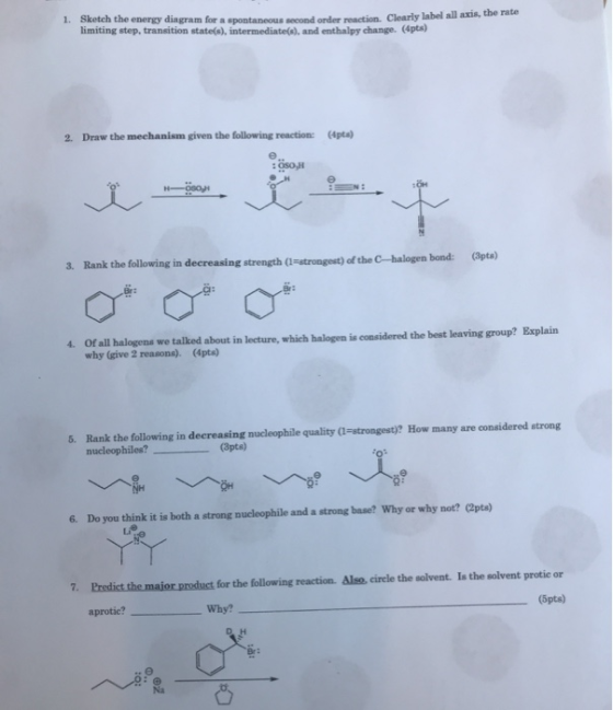 1. Sketeh the energy diagram for a spontaneous second order reaction. Clearly label all axis, the rate limiting step, transit