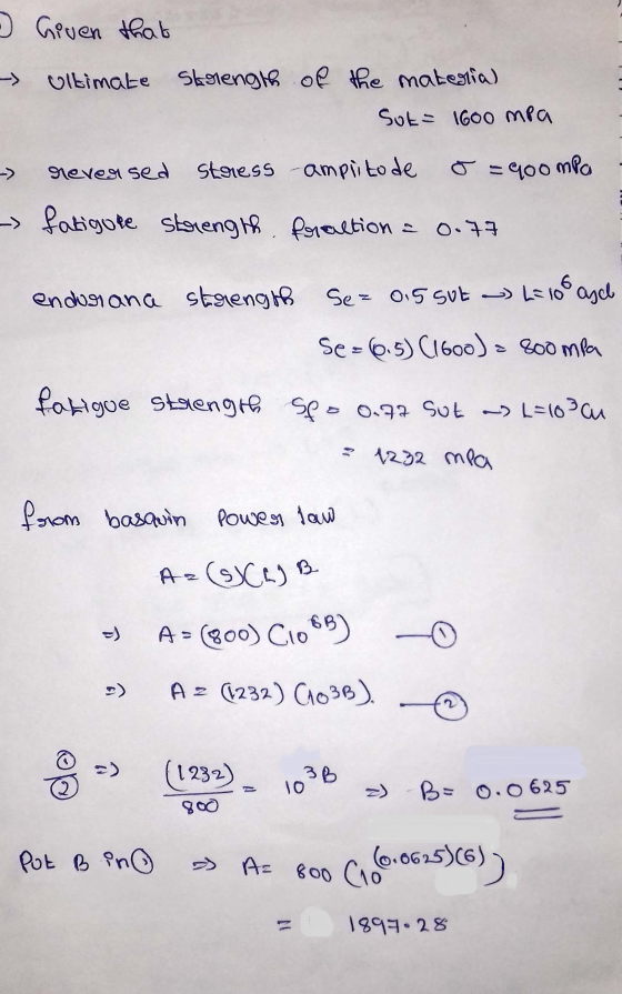 Given that - ultimate Skolength of the material Sut= 1600 mpa reversed stress amplito de = 400 MPa fatigure strength fraction