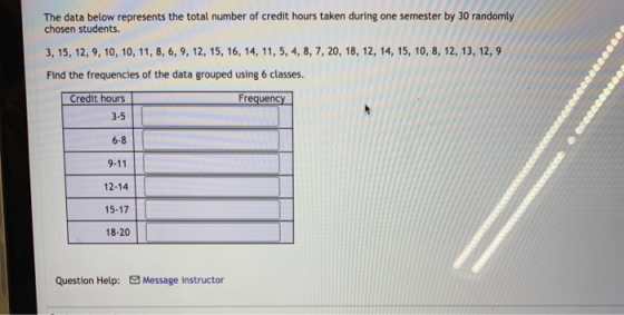 The data below represents the total number of credit hours taken during one semester by 30 randomly chosen students. 3, 15, 1