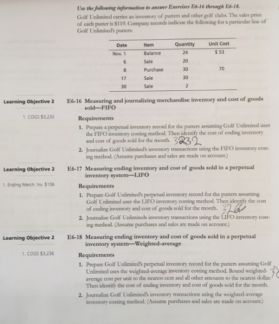 Use the following information to answer Exercises E6-16 through E6-18. Golf Unlimited carries an inventory of putters and oth