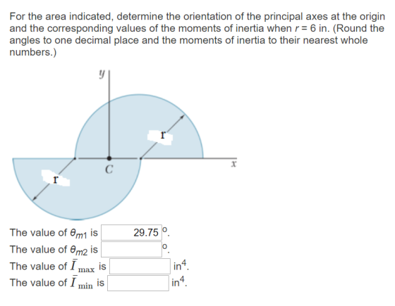 For the area indicated, determine the orientation of the principal axes at the origin and the corresponding values of the mom