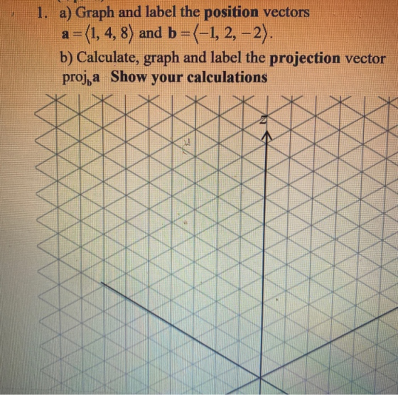 1. a) Graph and label the position vectors a=(1, 4, 8) and b =(-1, 2, - 2). b) Calculate, graph and label the projection vect