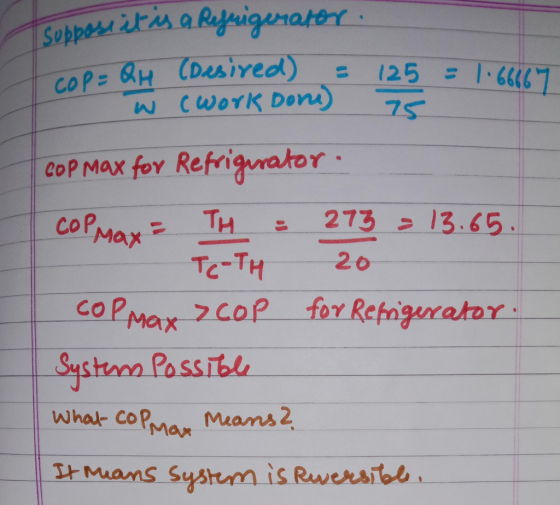 suppose it is a Refrigerator. 10- QH (Desired) 125 = 1.66667 w cwork Dore) 5 COP Max for Refrigurator COPmax = TH = 273 = 13.