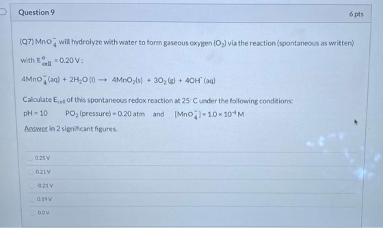 Question 9 6 pts (07) Mno, will hydrolyze with water to form gaseous oxygen (O2) via the reaction (spontaneous as written) wi
