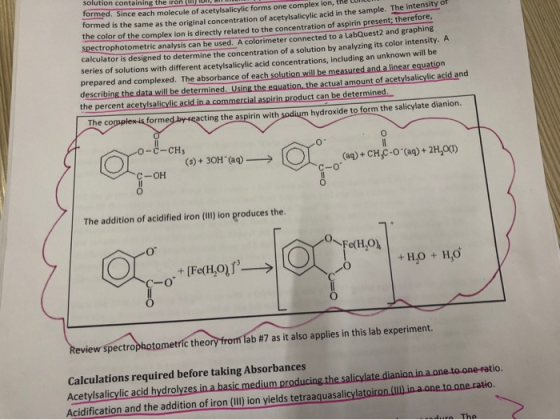 solution containing the iroň (I formed. Since each molecule of acetylsalicylic forms one complex ion, the formed is the same