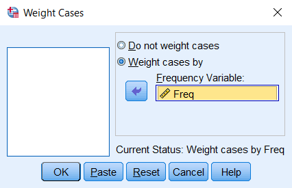 ta Weight Cases X Do not weight cases Weight cases by Frequency Variable: Freq Current Status: Weight cases by Freq ok Paste