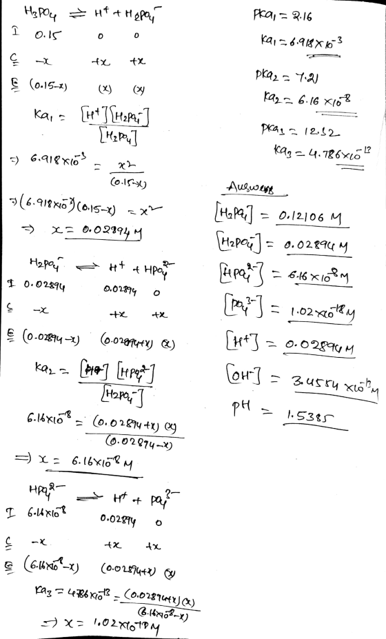 Pka, = 2.16 ka1 26.918863 A ull H₂PO4 I Hf a Hapon I 0.15 0 0 ç - fx te (0.15) (x By Kaia [+ ][Hapa, all Pla2 = 7.2 Kaz= 6.16