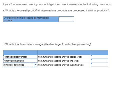 If your formulas are correct, you should get the correct answers to the following questions. a. What is the overall profit if