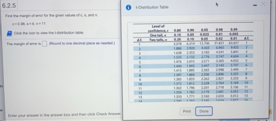 6.2.5 t-Distribution Table Find the margin of error for the given values of c, s, and n. c=0.98, s=4, n=11 Click the icon to