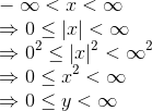 \\ -\infty < x< \infty \\ \Rightarrow 0\le |x| < \infty \\ \Rightarrow 0^2\le |x|^2 < \infty^2 \\ \Rightarrow 0\le x^2 < \infty \\ \Rightarrow 0\le y < \infty