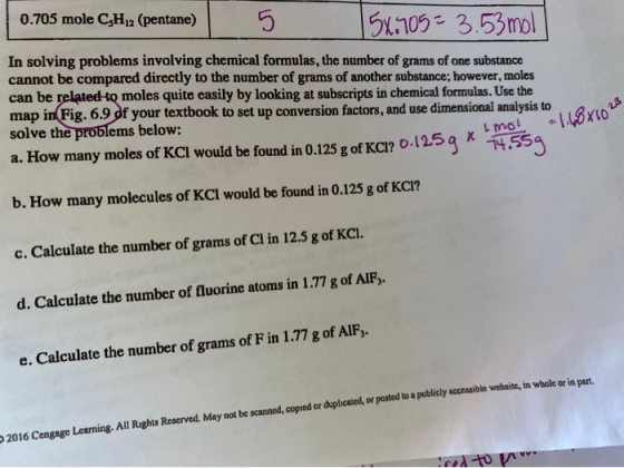 0.705 mole CH 2 (pentane) 5 56.7053.53 mol In solving problems involving chemical formulas, the number of grams of one substa