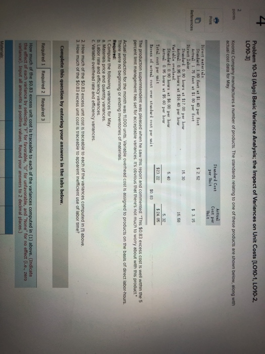Problem 10-13 (Algo) Basic Variance Analysis; the Impact of Variances on Unit Costs (LO10-1, LO10-2. LO10-3) points Koontz Co