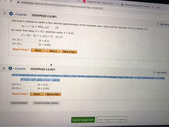 - X Sy integral of tanx - Step-by-Step x webassign.net/web/Student/Assignment-Responses/last?dep-21985208 c > Differential Eq