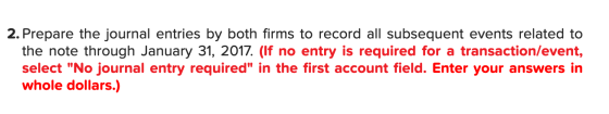 2. Prepare the journal entries by both firms to record all subsequent events related to the note through January 31, 2017. (I