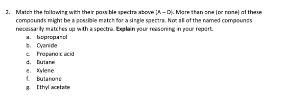 2. Match the following with their possible spectra above (A - D). More than one (or none) of these compounds might be a possi