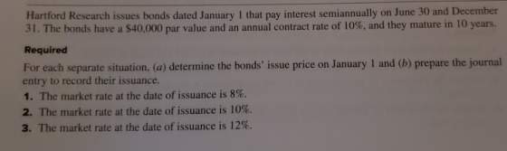 Hartford Research issues bonds dated January 1 that pay interest semiannually on June 30 and December 31. The bonds have a $4