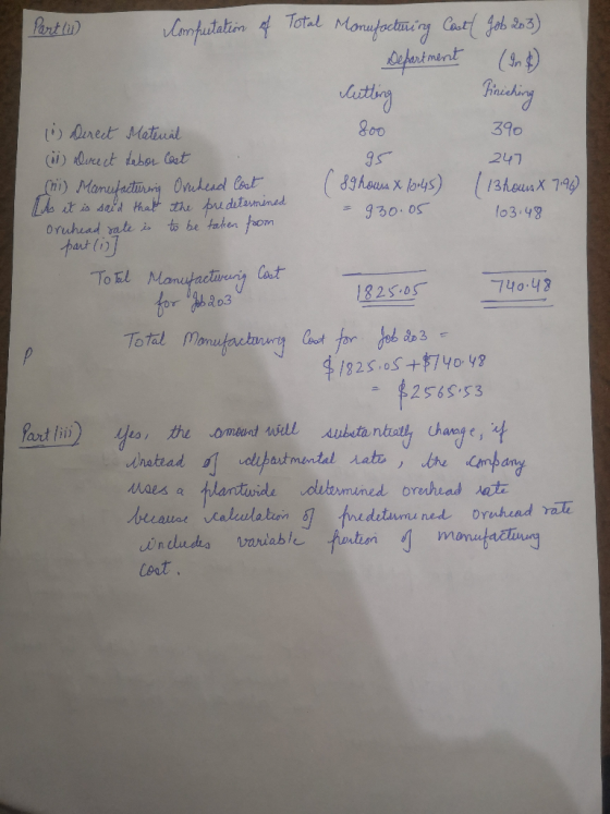 Partu) Computation of Total Manufacturing Cost ( Job 203) Cutting Finishing 95 (1) Direct Material 800 390 (ii) direct Labor
