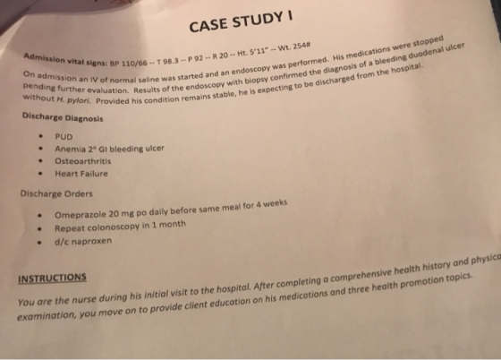 CASE STUDY signs: BP 110/66-T 98.3-P 92-R 20-Ht. 511-wt. 254# His medications were stopped On admission an IV of wa pending