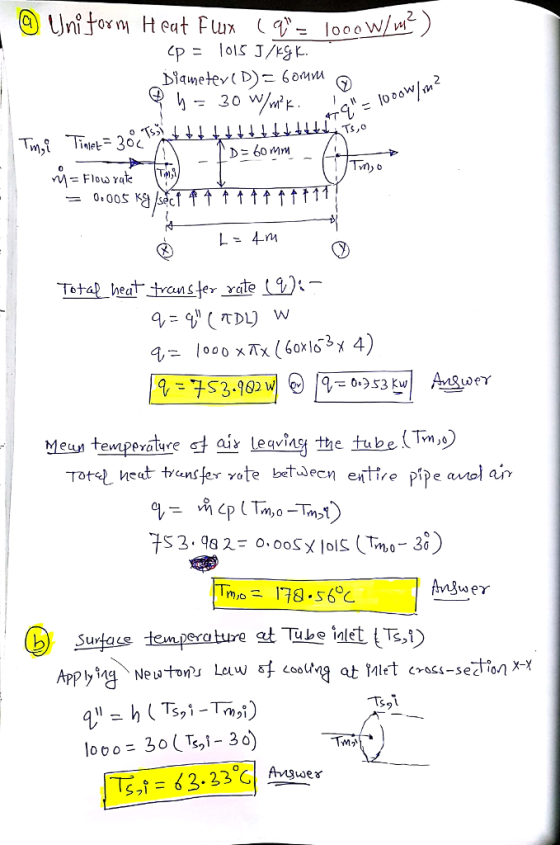 Ts,o inlet= 30 0 000S &sec Totel beat dronster rate 9) Meur temperature d ar legvag the tube Applying. Neuton, Law δ ooung at Miet cross-section x-x 飞タ1