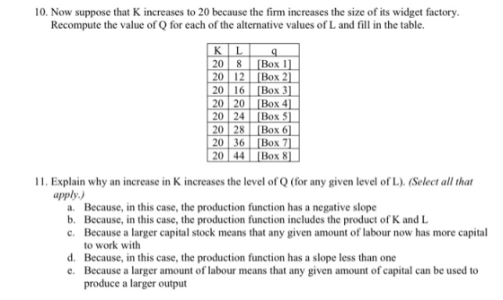 10. Now suppose that K increases to 20 because the firm increases the size of its widget factory. Recompute the value of Q fo