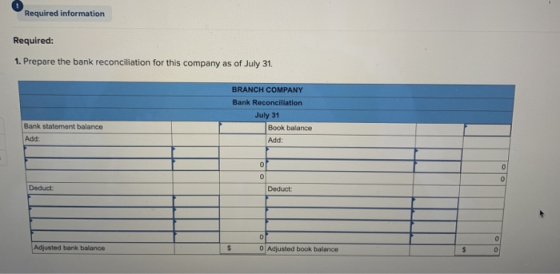 Required information Required: 1. Prepare the bank reconciliation for this company as of July 31. BRANCH COMPANY Bank Reconci