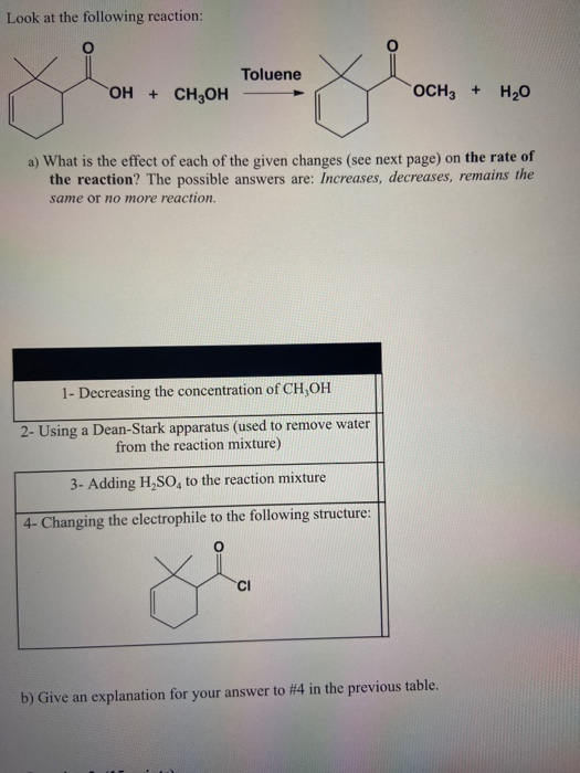 Look at the following reaction: Toluene OH + CH3OH OCH3 + H2O a) What is the effect of each of the given changes (see next pa