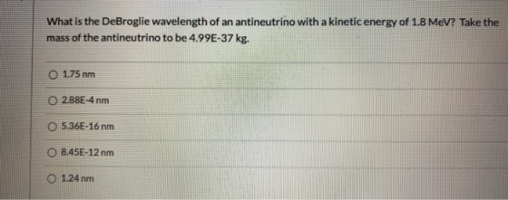 What is the DeBroglie wavelength of an antineutrino with a kinetic energy of 1.8 MeV? Take the mass of the antineutrino to be