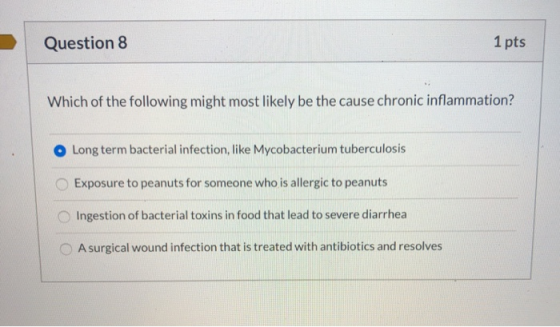 Question 8 1 pts Which of the following might most likely be the cause chronic inflammation? O Long term bacterial infection,