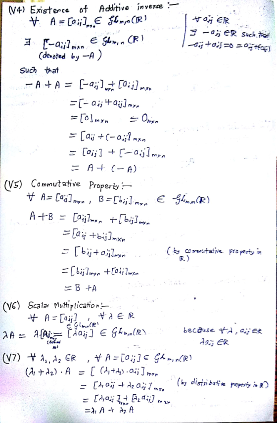 (V4) Existence ot Additive inverae: (desoted by -A) Such that MXN (Vs) Commutahve Propert (VC) Scalai Muttiptication because
