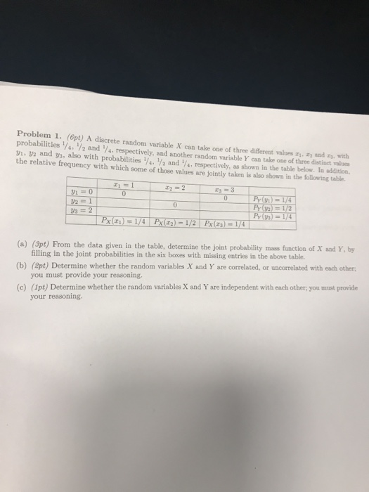 Problem 1. (6pt) A discrete random variable X can take one of three different values z1, z and z probabilities ¼, ½ and ¼ respectively, and another random variable Y can 1. 32 and ys, also with probabilities 4V2 and /4, respectively, as shown in the the relative frequency with which some of those values are jointly taken is also shown in the following table with take one of three distinct values P2 P14 (a) (Spt) From the data given in the table, determine the joint probability mass function of X and Y, by (b) (ept) Determine whether the random variables X and Y are correlated, or uncorrelated with each other (c) (Ipt) Determine whether the random variables X and Y are independent with each other, you must provide filling in the joint probabilities in the six boxes with missing entries in the above table. you must provide your reasoning