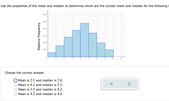 Use the properties of the mean and median to determine which are the correct mean and median for the following IN 0.30 0.25 0