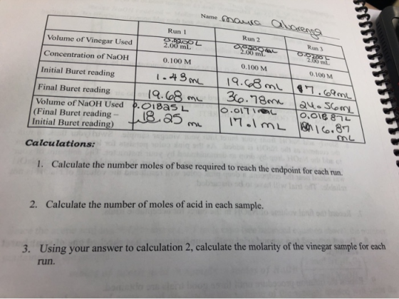 Run 1 Volume of Vinegar Used 2.00 mot Concentration of NaOH Name maura alarener Run 2 Run 3 o odac 0.20 0.100 M [ 19.68 ml 10