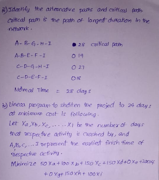 HIdentiy the ateonative paths and cait ca f parhs and coitical pth coittcal patn i the path of longest durahon n the netiwork A- B-6 H-I 28 cíticalmth 0 19 O 27 A-B-E F-I C-D-4-H-I C-D--F-I Nomal Time28 day s り!inen par goa mto shost en fhe paced to 24 day r at minimum cost is fotlowing Let Va Xb, xc Xi ke the number of dayc thcat vespective activity is Coashed by, and A,B,, epaeent the eavliest finish time of despecive activity