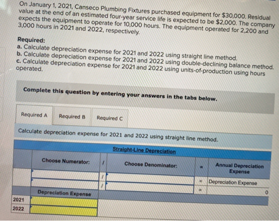 On January 1 2021 Canseco Plumbing Fixtures Purchased Equipment For 30 000 Residual Value At 